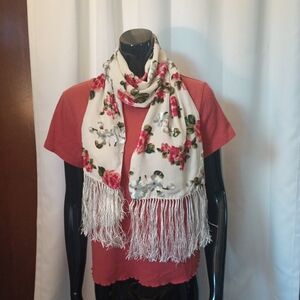 Womens Velvet Burnout Fairy Scarf Silk Blend Pink Cream Fringe Floral Dainty